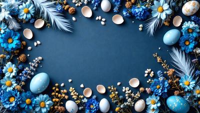 The primary subject of the image is a blue background with various decorative elements. There are several eggs scattered across the background, along with a few shells. The eggs are in different sizes and positions, creating a visually appealing scene. The overall atmosphere of the image is calm and serene, with the blue background and the delicate arrangement of the eggs and shells.