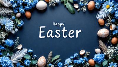 The primary subject of the image is a blue background with a variety of eggs and flowers arranged on it. The setting is a blue background, and the visual style is a combination of photo and digital art. The colors and mood of the image are predominantly blue, with a touch of white from the eggs and flowers.