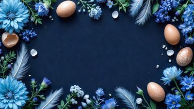 The primary subject of the image is a blue background with a variety of blue flowers and eggs arranged on it. The setting appears to be a still life, with the flowers and eggs as the main objects. The visual style is a combination of digital art and illustration, creating a vibrant and colorful scene. The dominant colors are blue, with the flowers and eggs adding a touch of white and yellow. The overall atmosphere is lively and artistic, showcasing the beauty of the blue flowers and the simplicity of the eggs.