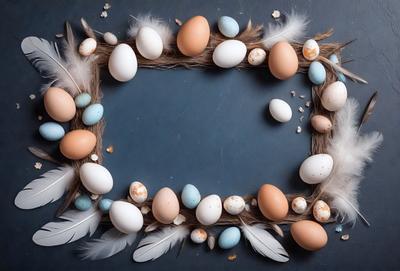 The primary subject of the image is a woven frame with a variety of eggs and feathers. The setting is a table, and the visual style is a combination of photo and digital art. The dominant colors are blue and white, creating a calm and serene atmosphere.