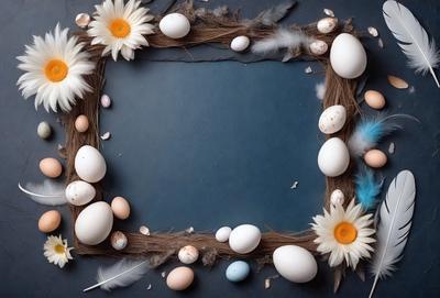 The primary subject of the image is a picture frame with a blue background. The setting is a table, and the visual style appears to be a photo. The colors and mood of the image are predominantly blue and calm. The frame is adorned with various decorations, including a wreath, flowers, and eggs. The eggs are scattered throughout the frame, adding a touch of color and texture to the overall composition.