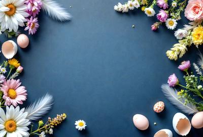 The primary subject of the image is a blue table with a variety of flowers and eggs arranged on it. The setting is a table with a blue surface, and the visual style appears to be a photo. The colors and mood of the image are predominantly blue and white, with a touch of yellow from the flowers. The flowers and eggs create a sense of freshness and natural beauty, while the blue table adds a touch of elegance and sophistication to the scene.
