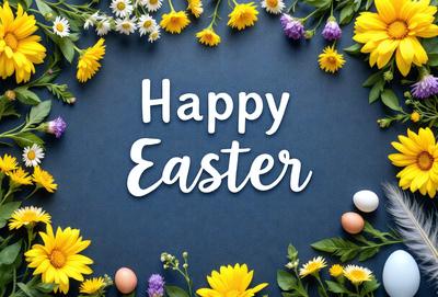 The primary subject of the image is a blue background with yellow flowers and eggs. The setting is a table with a blue cloth, and the visual style is a combination of photo and digital art. The dominant colors are blue, yellow, and white, creating a cheerful and warm atmosphere.