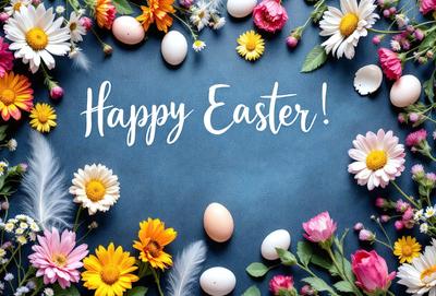 The primary subject of the image is a collection of eggs and flowers arranged on a blue surface. The setting is a table with a blue cloth, and the visual style is a combination of photo and digital art. The dominant colors are blue and yellow, creating a cheerful and vibrant atmosphere.
