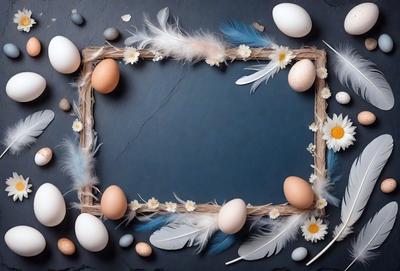 The primary subject of the image is a wooden frame with a blue background. The setting is a table with various eggs and feathers arranged around the frame. The visual style appears to be a combination of a photo and digital art, creating a unique and artistic display. The colors and mood of the image are predominantly blue and white, giving it a calm and serene atmosphere.