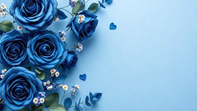 The primary subject of the image is a bouquet of blue roses. The setting is a blue wall, which serves as the backdrop for the flowers. The visual style is a combination of photo and digital art, creating a realistic yet artistic representation of the flowers. The dominant colors are blue and white, giving the image a calm and serene atmosphere.