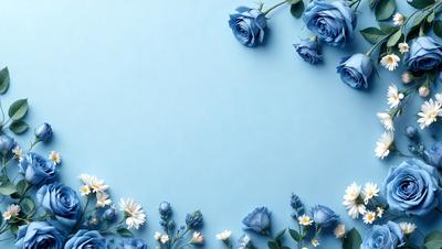 The primary subject of the image is a bouquet of blue flowers, including blue roses, arranged in a circular pattern on a blue background. The visual style of the image is a photo, capturing the beauty of the flowers and their arrangement. The colors and mood of the image are predominantly blue, creating a serene and calming atmosphere.