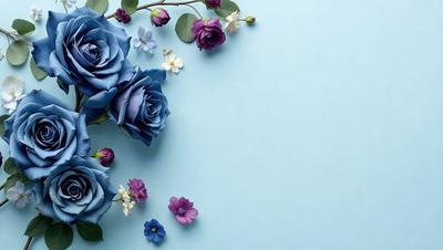 The primary subject of the image is a bouquet of blue and purple flowers. The flowers are arranged in a vase, and they are placed on a blue surface, which could be a table or a wall. The visual style of the image is a close-up of the flowers, showcasing their beauty and details. The colors and mood of the image are predominantly blue and purple, creating a calm and serene atmosphere.