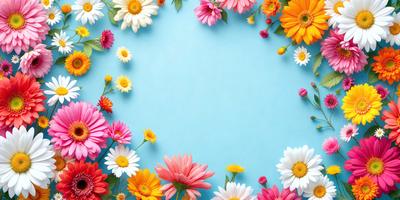 The primary subject of the image is a bouquet of flowers, which are the main objects in the scene. The flowers are arranged in a circular pattern on a blue surface, creating a visually appealing and vibrant display. The visual style of the image is a combination of photo and digital art, as it captures the beauty of the flowers in a realistic yet artistic manner. The colors and mood of the image are predominantly pink and yellow, which evoke feelings of warmth, happiness, and positivity