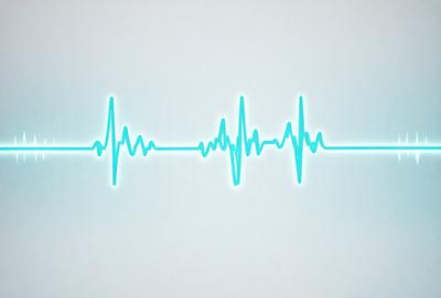 The image features a blue and green heartbeat line on a white background. The heartbeat line is the primary subject, and it is displayed in a digital art style. The setting is a white wall, and the visual style is a combination of digital art and illustration. The colors and mood of the image are predominantly blue and green, creating a calm and soothing atmosphere.