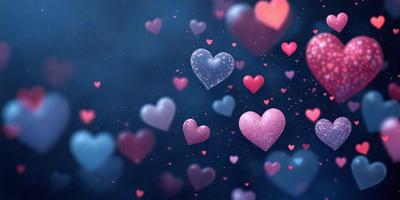 The primary subject of the image is a collection of hearts, which are floating in the air. The hearts are pink and blue, and they are scattered throughout the scene. The setting appears to be a dark background, which contrasts with the bright colors of the hearts. The visual style of the image is a combination of digital art and illustration, creating a whimsical and playful atmosphere. The dominant colors of the image are pink and blue, which evoke feelings of love and warmth.