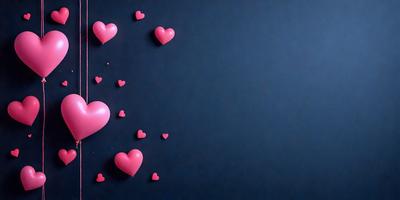 The primary subject of the image is a collection of pink hearts. These hearts are scattered across a blue background, creating a visually appealing and playful scene. The hearts are arranged in various positions, with some overlapping and others standing alone. The visual style of the image is a combination of photo and digital art, giving it a unique and creative appearance. The dominant colors in the image are pink and blue, which evoke a sense of warmth and tranquility.