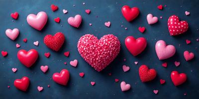 The primary subject of the image is a large, pink heart-shaped candy. The heart is surrounded by a variety of smaller hearts, creating a visually appealing and playful scene. The setting is a dark blue background, which contrasts with the bright pink of the heart and the smaller hearts. The visual style is a combination of digital art and illustration, giving the image a unique and creative appearance. The colors and mood of the image are predominantly pink, which evokes feelings of love,