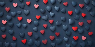 The primary subject of the image is a collection of hearts, which are displayed in various sizes and colors. The hearts are arranged on a blue wall, creating a visually appealing and artistic display. The setting appears to be a room with a blue backdrop, which further enhances the overall atmosphere of the scene. The visual style of the image is a combination of digital art and illustration, as the hearts are carefully crafted and placed on the wall. The dominant colors in the image are blue and red, which contribute to the warm