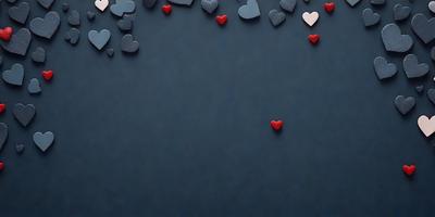 The primary subject of the image is a collection of hearts, which are scattered across a blue background. The hearts are of various sizes and are placed in different positions, creating a visually appealing pattern. The setting appears to be a dark room, which adds a sense of depth and mystery to the scene. The visual style of the image is a combination of digital art and illustration, as the hearts are carefully arranged and the overall composition is well-executed. The colors and mood of the image are predominantly dark and moody