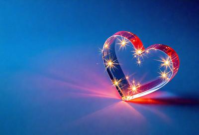The primary subject of the image is a heart-shaped light, which is the main focus of the scene. The heart is illuminated by a series of sparkling lights, creating a visually appealing and festive atmosphere. The heart is placed on a blue background, which adds to the overall mood of the image. The visual style of the image is a combination of digital art and illustration, as the heart is depicted in a stylized and artistic manner.