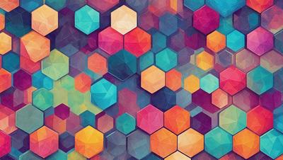 The primary subject of the image is a colorful geometric pattern, featuring a mix of blue, orange, and yellow hues. The pattern is composed of hexagons, which are arranged in a visually appealing manner. The setting is a blue background, which contrasts with the vibrant colors of the pattern. The visual style of the image is a combination of digital art and illustration, creating a unique and eye-catching design. The overall atmosphere of the image is lively and energetic, thanks to the bold
