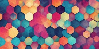 The primary subject of the image is a colorful, geometric pattern made up of hexagons. The setting is a blue background, which contrasts with the vibrant colors of the pattern. The visual style is a combination of digital art and illustration, creating a unique and eye-catching design. The dominant colors are blue, pink, orange, and yellow, which together create a lively and cheerful atmosphere.