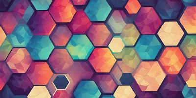 The primary subject of the image is a colorful, geometric pattern made up of hexagons. The setting is a colorful background, which adds to the vibrant atmosphere of the scene. The visual style is a combination of digital art and illustration, creating a unique and eye-catching design. The dominant colors in the image are a mix of blue, orange, and yellow, which contribute to a lively and energetic mood.