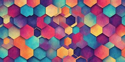 The primary subject of the image is a colorful, geometric pattern made up of hexagons. The setting is a colorful background, which adds to the vibrant atmosphere of the scene. The visual style is a combination of digital art and illustration, creating a unique and eye-catching design. The dominant colors in the image are a mix of blue, orange, and purple, giving the pattern a lively and energetic appearance.