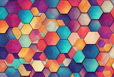 The primary subject of the image is a colorful, geometric pattern made up of hexagons. The setting is a colorful background, which adds to the vibrant atmosphere of the scene. The visual style is a combination of digital art and illustration, creating a unique and eye-catching design. The dominant colors in the image are blue, orange, and purple, which contribute to a lively and energetic mood.