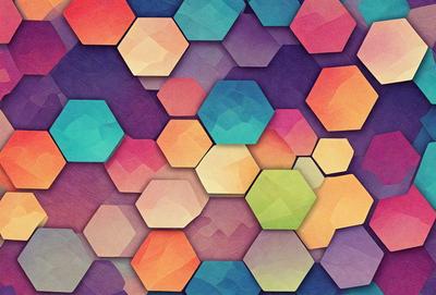 The primary subject of the image is a colorful, geometric pattern made up of hexagons. The setting is a colorful background, which adds to the vibrant atmosphere of the scene. The visual style is a combination of digital art and illustration, creating a unique and eye-catching design. The dominant colors in the image are a mix of bright and bold hues, such as orange, green, and purple, which contribute to a lively and energetic mood.