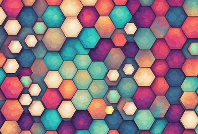 The primary subject of the image is a colorful, geometric pattern made up of hexagons. The setting is a colorful background, which adds to the vibrant atmosphere of the scene. The visual style is a combination of digital art and illustration, creating a unique and eye-catching design. The dominant colors in the image are blue, orange, and yellow, which contribute to a lively and cheerful mood.