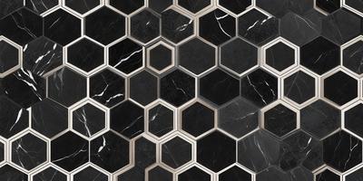 The primary subject of the image is a black and white tile pattern. The setting is a bathroom, with the tiles covering the walls and floor. The visual style is a close-up of the tiles, showcasing their intricate pattern. The colors and mood of the image are predominantly black and white, giving it a classic and elegant appearance.