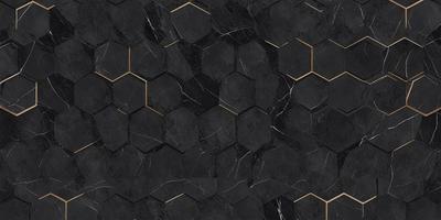 The primary subject of the image is a black and gold marble pattern. The setting is a black background, and the visual style is a close-up of the marble pattern. The dominant colors are black and gold, creating a luxurious and elegant atmosphere.