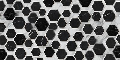 The primary subject of the image is a black and white marble tile pattern. The setting is a white marble wall, which serves as the background. The visual style is a pattern of black and white hexagons, creating a unique and elegant design. The colors and mood of the image are predominantly black and white, giving it a classic and timeless appearance.