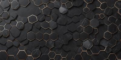The primary subject of the image is a black and gold patterned surface, which appears to be a marble or stone material. The setting is a close-up of the pattern, showcasing the intricate design and texture. The visual style is a combination of a photo and digital art, as the pattern is both detailed and artistic. The colors and mood of the image are predominantly black and gold, giving it a luxurious and elegant appearance.