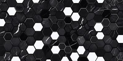 The primary subject of the image is a black and white pattern of hexagons, which are arranged in a checkered pattern. The setting is a black and white marble surface, which serves as the background. The visual style of the image is a combination of a photo and a digital art, illustration, or drawing. The dominant colors are black and white, creating a classic and timeless atmosphere.