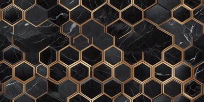 The primary subject of the image is a black and gold marble pattern. The setting is a black and gold marble wall, which serves as the background. The visual style is a close-up of the marble pattern, showcasing the intricate details of the design. The colors and mood of the image are predominantly black and gold, giving it a luxurious and elegant appearance.