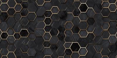 The primary subject of the image is a pattern of hexagons, which are arranged in a black and gold color scheme. The setting is a black and gold marble surface, which serves as the background for the pattern. The visual style of the image is a close-up of the hexagonal pattern, showcasing the intricate details of the design. The colors and mood of the image are elegant and sophisticated, with the black and gold tones creating a sense of luxury and refinement.
