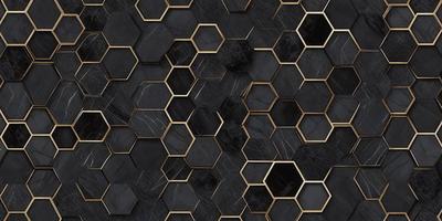 The primary subject of the image is a black and gold patterned surface, which appears to be a marble or stone material. The setting is a close-up of the pattern, showcasing the intricate design and texture. The visual style is a combination of a photo and digital art, as the pattern is both detailed and artistic. The colors and mood of the image are predominantly black and gold, giving it a luxurious and elegant appearance.
