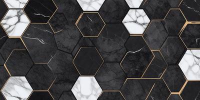 The primary subject of the image is a black and white marble tile pattern. The setting is a black and white marble tile wall, which serves as the background. The visual style is a close-up of the marble tile pattern, showcasing the intricate design. The colors and mood of the image are predominantly black and white, giving it a classic and elegant appearance.