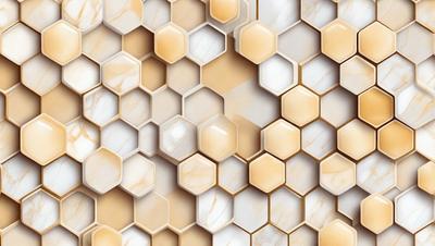 The primary subject of the image is a pattern of hexagonal tiles, which are arranged in a honeycomb-like pattern. The setting is a white marble wall, which serves as the background for the tiles. The visual style of the image is a close-up of the tiles, showcasing their intricate design. The colors and mood of the image are predominantly white, giving it a clean and minimalist appearance.