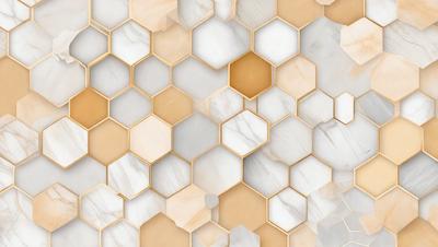 The primary subject of the image is a patterned wall made of marble tiles. The setting is a room with a white background, and the visual style is a combination of photo and digital art. The dominant colors are white and gold, creating a warm and elegant atmosphere.