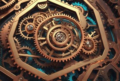 The primary subject of the image is a close-up of a clock mechanism, showcasing the intricate details of the gears and the blue and gold color scheme. The setting is a clock face, and the visual style is a combination of photo and digital art. The colors and mood of the image are rich and elegant, with the blue and gold colors evoking a sense of luxury and sophistication.