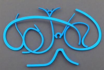 The primary subject of the image is a blue sculpture of a pair of glasses. The setting is a gray background, and the visual style appears to be a digital art or illustration. The colors and mood of the image are predominantly blue, giving it a calm and serene atmosphere.