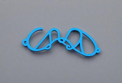 The primary subject of the image is a pair of blue glasses. The glasses are made of plastic and have a unique design, resembling a CAD symbol. The setting is a gray background, which provides a clean and minimalist appearance. The visual style is a digital art or illustration, as the glasses are depicted in a stylized manner. The colors and mood of the image are predominantly blue, giving it a calm and modern feel.