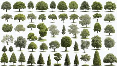 The primary subject of the image is a collection of various trees, showcasing different shapes and sizes. The setting is a white background, which provides a clean and uncluttered appearance. The visual style is a combination of digital art and illustration, as the trees are depicted in a detailed and realistic manner. The colors and mood of the image are predominantly green, as the trees are the main focus, and the overall atmosphere is one of natural beauty and diversity.
