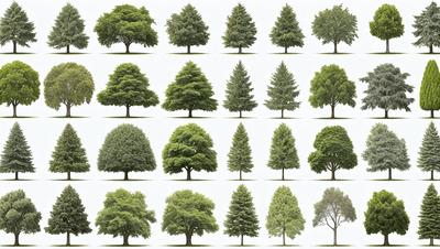 The primary subject of the image is a collection of trees, showcasing various types and sizes. The trees are displayed in a pattern, with each tree being represented by a single tree image. The setting is a white background, which provides a clean and uncluttered appearance. The visual style is a combination of digital art and illustration, as the trees are depicted in a detailed and realistic manner. The colors and mood of the image are predominantly green, as the trees are the main focus, and the overall atmosphere