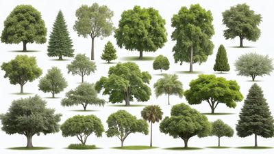 The primary subject of the image is a collection of trees, showcasing various types and sizes. The setting is a white background, which provides a clean and uncluttered appearance. The visual style is a combination of digital art and illustration, creating a realistic and detailed representation of the trees. The colors and mood of the image are predominantly green, which is the natural color of trees, and the overall atmosphere is one of serenity and natural beauty.