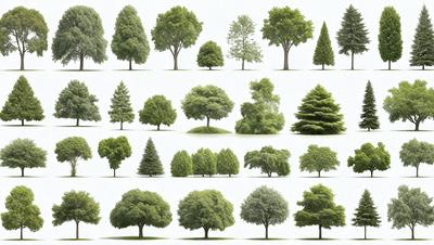 The primary subject of the image is a collection of various trees, showcasing different types and sizes. The setting is a white background, which provides a clean and uncluttered appearance. The visual style is a combination of digital art and illustration, as the trees are depicted in a detailed and realistic manner. The colors and mood of the image are predominantly green, as the trees are the main focus, and the overall atmosphere is one of natural beauty and diversity.