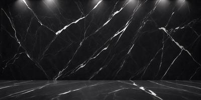 The primary subject of the image is a marble wall with a black background. The setting is a room with a black marble floor. The visual style is a photo of a marble wall, showcasing the intricate patterns and textures of the marble. The colors and mood of the image are predominantly black and white, giving it a sophisticated and elegant appearance.