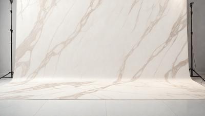 The primary subject of the image is a marble wall with a patterned design. The setting is a room with a white wall, and the visual style is a photo. The colors and mood of the image are predominantly white, giving it a clean and elegant appearance.