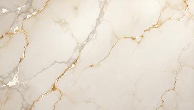 The primary subject of the image is a marble surface with gold veins. The setting is a white marble countertop, and the visual style is a close-up of the marble surface. The colors and mood of the image are predominantly white and gold, giving it a luxurious and elegant appearance.