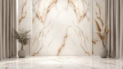 The primary subject of the image is a marble wall with a white and brown color scheme. The setting is a room with a white marble floor. The visual style is a photo of the marble wall, showcasing its texture and pattern. The colors and mood of the image are predominantly white and brown, giving it a clean and elegant appearance.