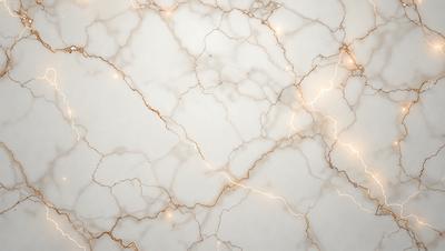 The primary subject of the image is a marble surface with a gold-like pattern. The setting is a white marble wall, and the visual style is a close-up of the marble surface. The colors and mood of the image are predominantly white and gold, creating a luxurious and elegant atmosphere.